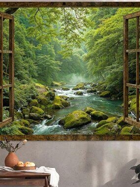 Window Forest Tapestry Green Nature Jungle Wall Tapestry for Bedroom Aesthetic R